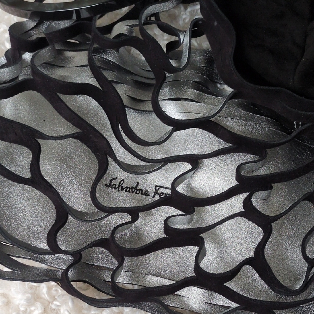 Salvatore Ferragamo Black and Silver Suade Net Bag - Picture 4 of 11